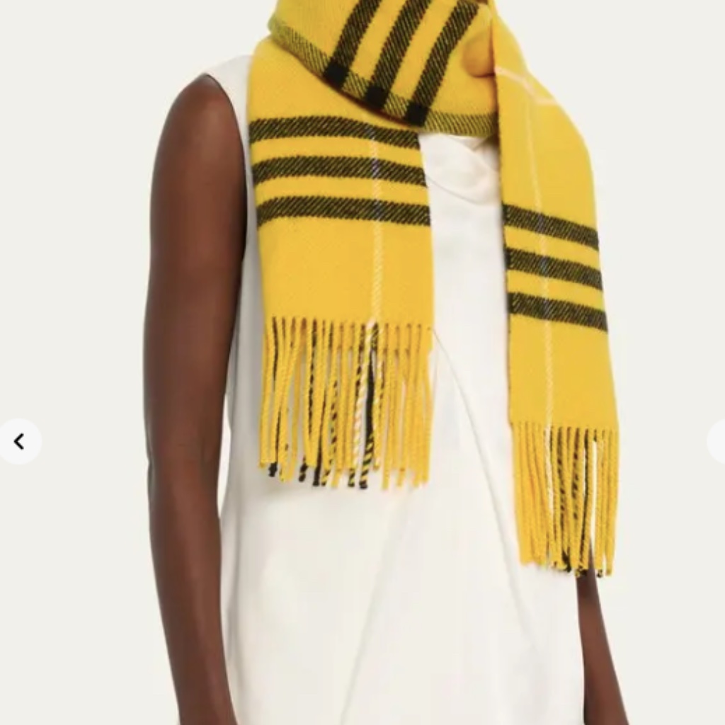 New Burberry Mustard Pear Tarta Check Cashmere/Wool Blend Scarf 78" X 12"